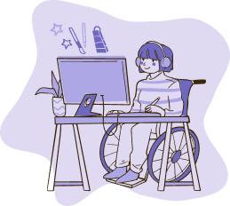 Digital illustration of a girl in a wheel chair sitting at her desk working at the computer.